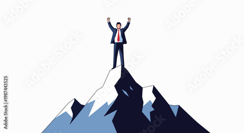 A triumphant businessman standing on a mountain peak with arms raised in a flat, graphic illustration with a bold color scheme against a clean white background.