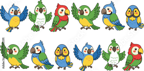 Cute Colorful Cartoon Parrot Collection Set with Macaw and Tropical Bird Various Poses and Wing Spread Characters