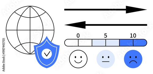 Data security, online feedback, user experience, global connectivity, performance measurement, trust indicators. Shield with globe, feedback scale icons with emotions. Data security and user