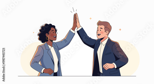 Illustration of a smiling businessman and a woman in business attire giving each other a high-five in a minimalist setting with a light background.