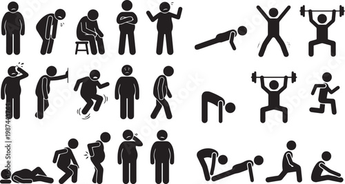 Large Stick Figure Silhouette Icon Set Depicting Weight Loss Journey From Overweight To Fit With Exercise Poses Running Stretching And Fitness Training