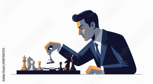 A businessman in a suit sits at a table playing chess with a glass of wine in hand on a white background with a cinematic feel and a mix of dark and light tones.