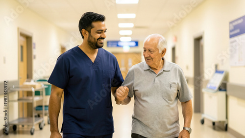  A South Asian male nurse in a crisp navy scrub top assists an elderly Caucasian patient walking down a brightly lit hospital corridor. Warm overhead lighting creates a clean, professional environment