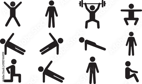 Large Stick Figure Silhouette Icon Set Featuring Squats Weightlifting Pushups Side Planks Jumping Jacks Lunges and Sitting Poses for Fitness Training and Gym Workouts