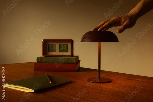 A hand reaching for a retro mushroom lamp on a wooden desk with a vintage flip clock, old books, and a notebook. Warm, moody lighting creates a cozy, nostalgic mid-century modern aesthetic workspace.