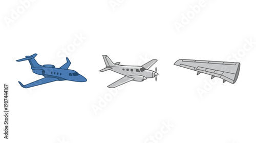 Collection of aircraft illustrations featuring a blue private jet a propeller plane and an airplane wing.