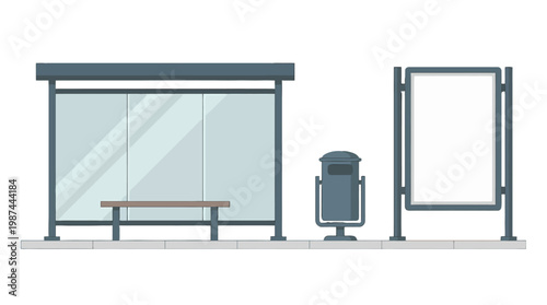 Flat vector illustration of a modern bus stop station with a bench trash bin and blank billboard advertisement.
