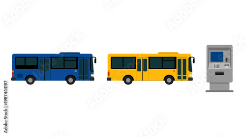 Flat vector illustration of blue and yellow city buses with a ticket vending machine.