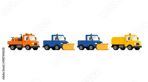Set of four colorful cartoon service trucks including snowplows and utility vehicles isolated on white.