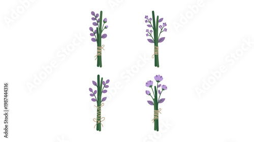 Set of four small lavender bouquets with stems tied with rustic twine.
