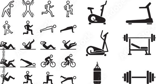 Set of fitness and gym exercise icons featuring workout equipment treadmill stationary bike barbell punching bag and stick figure people training silhouettes