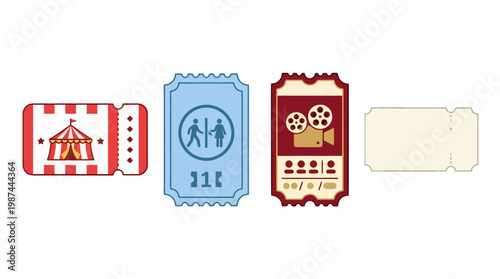 Set of pixel art event tickets including circus movie and blank versions.