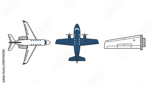 Set of technical top view airplane schematics and aircraft wing design.