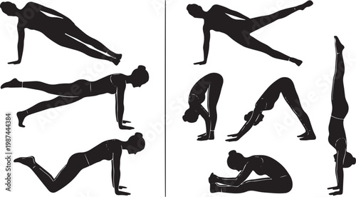 Set of yoga silhouettes featuring woman practicing plank variations, downward dog, forward fold, and handstand for fitness, wellness, and core strength training exercise.