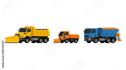 Set of three professional road maintenance and snow removal trucks isolated on white background.