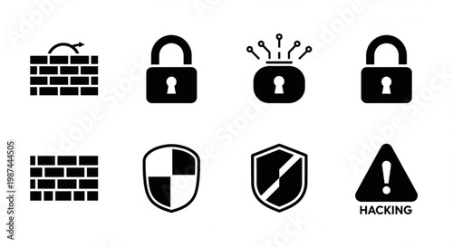 A set of black and white vector icons representing security and protection concepts