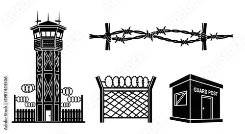 A set of vector graphics depicting a prison watchtower, barbed wire, and guard post in a minimalist flat design style