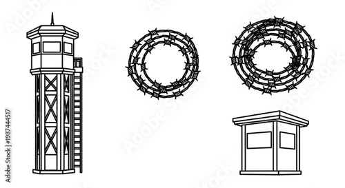 A vector graphic illustration of a prison watchtower with barbed wire coils and a guard booth