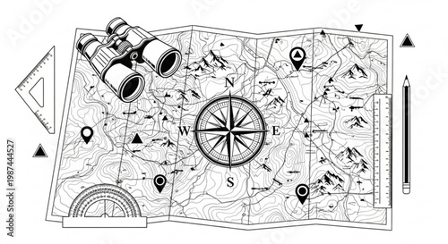 A black and white vector illustration of a topographic map with a compass, binoculars, and navigation tools.