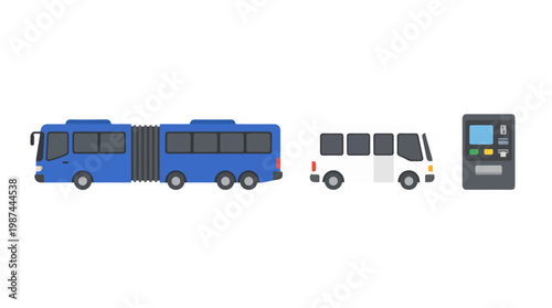 Blue articulated bus white minibus and ticket machine on white background.