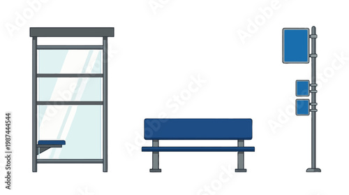 Bus Stop Infrastructure Elements Set with Shelter Bench and Signpost Vector Illustration.