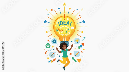 An illustration of a light bulb bursting with a bright Idea! symbol, complemented by a joyful person jumping with energy, perfect for representing creativity and inspiration.