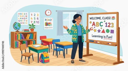 A dedicated educator stands in a vibrant classroom, captivating young minds with an inspiring lesson, nurturing the joy of learning.