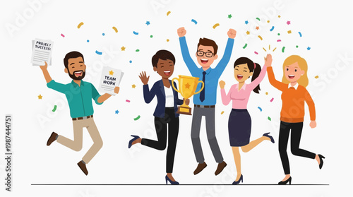 A cheerful group of colleagues celebrates a win, with each member showcasing exuberance and excitement. They hold awards and a trophy to honor the accomplishments achieved through the process. 