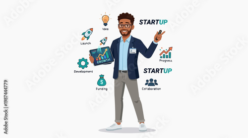 A visionary entrepreneur stands poised to present a captivating startup idea, his passion and business acumen. conveying ambition and innovation.