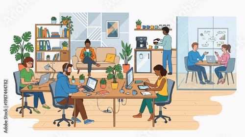A collaborative and inclusive co-working space buzzing with productivity and innovation, showcasing diverse individuals engaged in various tasks. A vibrant hub of creativity.