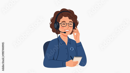A friendly customer service representative smiles while assisting a customer, the image suggests effective communication and support.