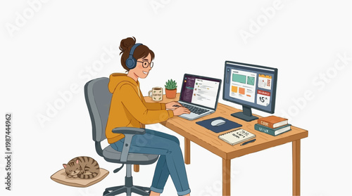 A focused individual immersed in the modern work environment, diligently coding or designing on their digital interface, embodying the essence of remote productivity and contemporary lifestyle.