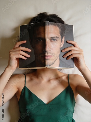 Conceptual portrait of a woman holding a cut photo of a man’s face, identity and perception theme, creative collage, modern art and psychological visual concept.