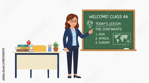 A dedicated educator instructs a lesson, showcasing a global understanding of continents, offering an informative visual aid.