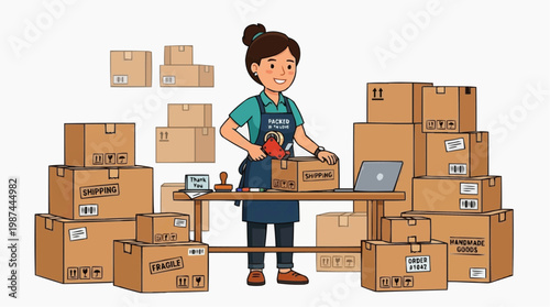 An efficient individual packing and preparing delivery boxes for shipment. Illustration with shipping and delivery elements.