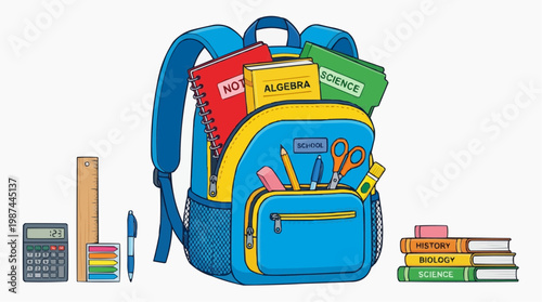 A cheerful illustration of a fully packed school backpack overflowing with colorful books and essential supplies, signaling the start of a new academic journey. 