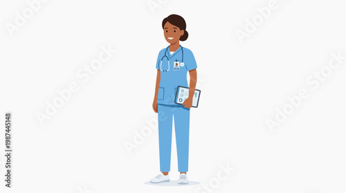 A dedicated healthcare professional stands with confidence, poised to assist and aid. Depicting a scene of trustworthiness, skill and compassion.