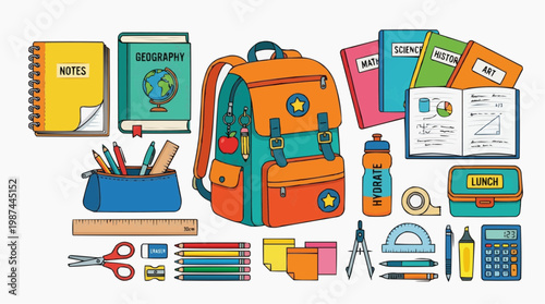 A vibrant arrangement of essential school supplies, including books, stationery, and a backpack, perfectly arranged, conveying a sense of preparedness and excitement.
