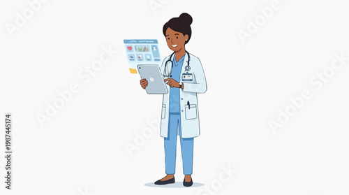 A skilled healthcare professional, rendered in a crisp illustration, interacts with a tablet displaying diagnostic data, her focused gaze embodying the precision and dedication of modern medicine. 