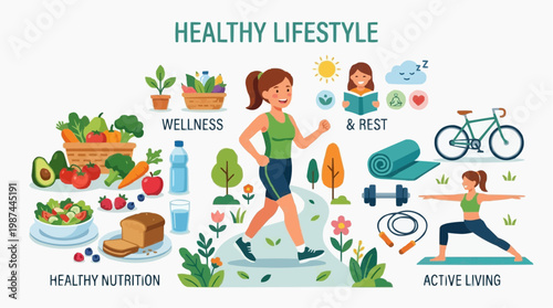 Embrace the essence of well-being with this illustration, celebrating a harmonious lifestyle. Capture the key components for vitality, showing the path to balance and joy.