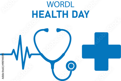 World health day logo with stethoscope and cross on white background