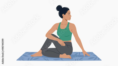 A woman gracefully performs a seated spinal twist yoga pose on a serene blue mat, promoting flexibility and inner peace. Embrace the moment of balance and well-being.
