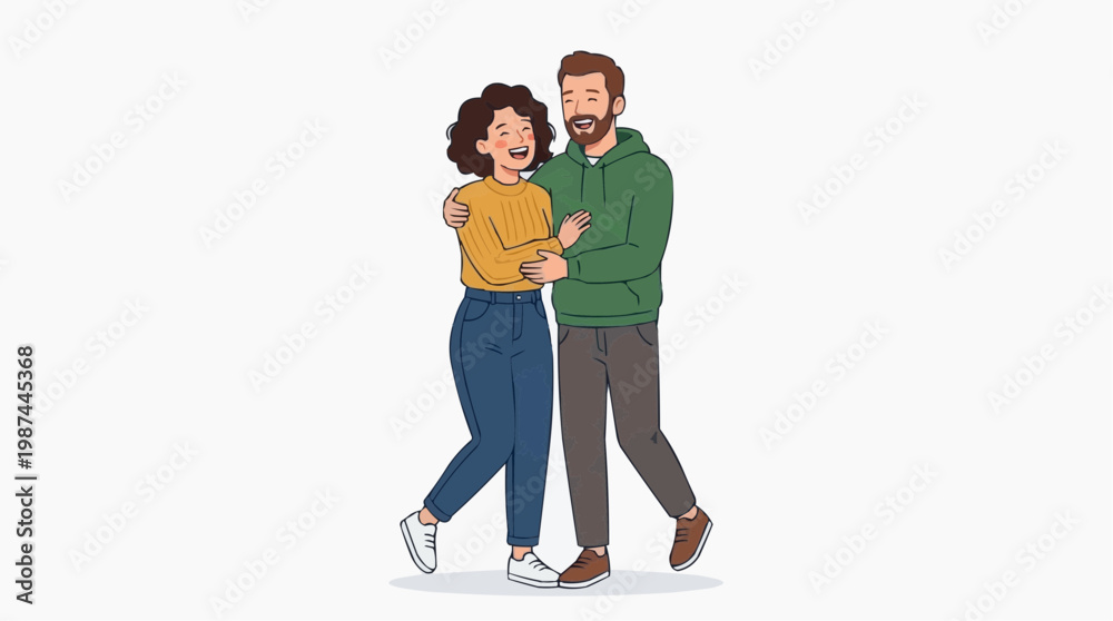 Fototapeta premium In an intimate illustration, a couple is embraced intimately, bathed in shared joy and affection. Their arms wrapped tightly, creating a feeling of togetherness, connection, and tenderness.