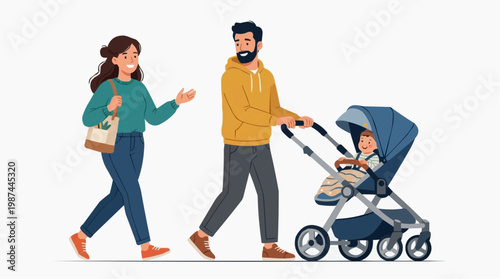 A loving family strolls together, enjoying a sunny day out, with a baby in a stroller. Depicting a scene of togetherness and happiness.