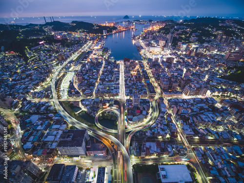 Wallpaper Mural Aerial View of Keelung City Skyline - Port city concept image. Panoramic cityscape birds eye view use the drone in evening, major port city situated in the northeastern part of Taiwan. Torontodigital.ca