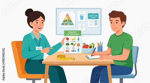 A dietitian guiding a client to follow a healthy diet plan, with a focus on fruits, vegetables, and the food pyramid.