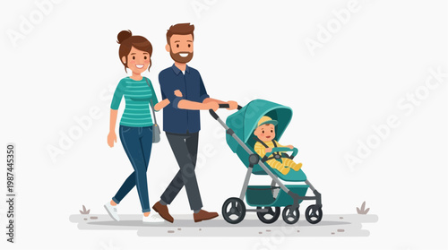 A young family strolls, enjoying a sunny day, with a baby in a stroller. Depicting a moment of family bonding and outdoor enjoyment.