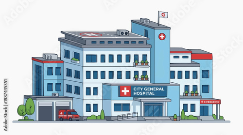 An illustration of a modern hospital building, showcasing its architecture and medical facility.