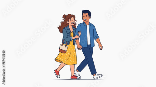 A happy couple walk arm in arm along the street on a sunny day. Capturing the essence of companionship and a shared journey.