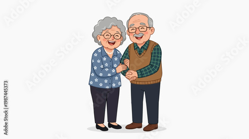 A loving elderly couple stands side-by-side, their hands clasped. The man, in a cozy sweater and eyeglasses, smiles at his partner. The woman, with her grey hair and glasses.